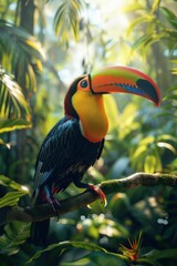 Obraz premium Vibrant Toucan Perched on Branch in Lush Tropical Rainforest with Sunlight Filtering Through Foliage
