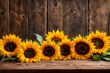 Obraz premium Photo of a floral background with sunflowers on a rustic wooden table. Copy space for your own text 