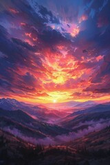 Breathtaking Sunset Over Mountain Range with Dramatic Sky and Vibrant Colors