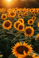 Fototapeta premium Sunlit Field of Vibrant Sunflowers at Sunset Capturing the Beauty of Nature in Full Bloom