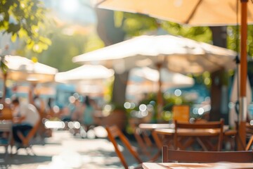Blurred background with a outdoor cafe - tables and umbrellas in a sunny summer day. AI generative