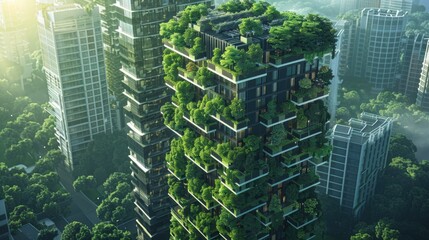 Obraz premium A high-tech CO2 absorption tower integrated into a modern urban landscape, with sleek design and vibrant green accents, set in a bustling city. 