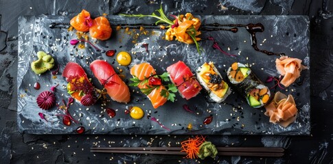 A selection of exquisite Japanese delicacies elegantly arranged on a deep-hued stone plate, showcasing the artistry and culinary finesse of Japanese cuisine.