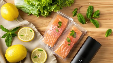 Raw salmon fillets are vacuum sealed in plastic bags on a wooden countertop next to lemons and mint