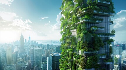 Obraz premium A high-tech CO2 absorption tower integrated into a modern urban landscape, with sleek design and vibrant green accents, set in a bustling city. 