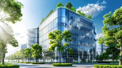 Modern city implements sustainable green building practices and encourages corporate buildings to reduce CO2 emissions by adopting eco friendly and green architecture