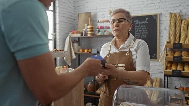 Woman cashier working in bakery shop processing payment from customer using card reader at wooden counter with bread and pastries displayed