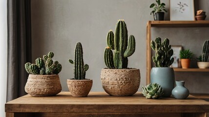 A Curated Living Room Oasis: Cactus Pot, Plant Pot, and Vase Adorn a Stylish Table