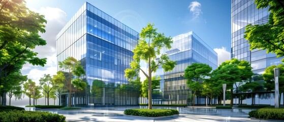 Modern city implements sustainable green building practices and encourages corporate buildings to reduce CO2 emissions by adopting eco friendly and green architecture