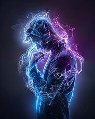 A glowing neon blue and purple smoke swirls around the body of an animated man, who is holding his hand to his chest in prayer with light illuminating from behind him. The background has dark tones