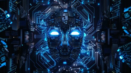 Tech AI concept controlling technological tools and intelligent robots. Development of an artificial code of ethics chips artificial intelligence science concept