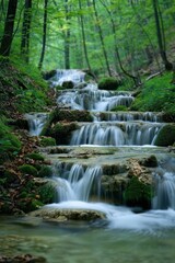 Naklejka premium Serene Forest Waterfall Cascading Over Mossy Rocks in a Lush Green Woodland Setting