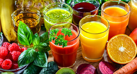 Glasses with fresh organic vegetable and fruit juices