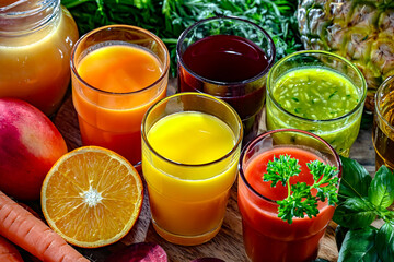 Glasses with fresh organic vegetable and fruit juices