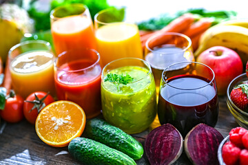 Glasses with fresh organic vegetable and fruit juices
