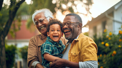 An elderly gay couple adopted a cute little black boy. Two grandfathers with glasses smile and hug their grandson.