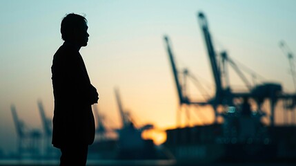 Fototapeta premium The dark outline of a transportation manager is seen against a sprawling port, with ships and cranes in the distance, emphasizing the critical role of logistics in global trade.
