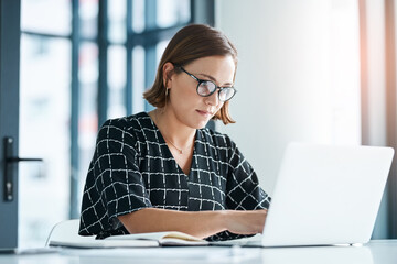 Office, woman and typing on laptop for proposal email, application and requirements to stakeholder....