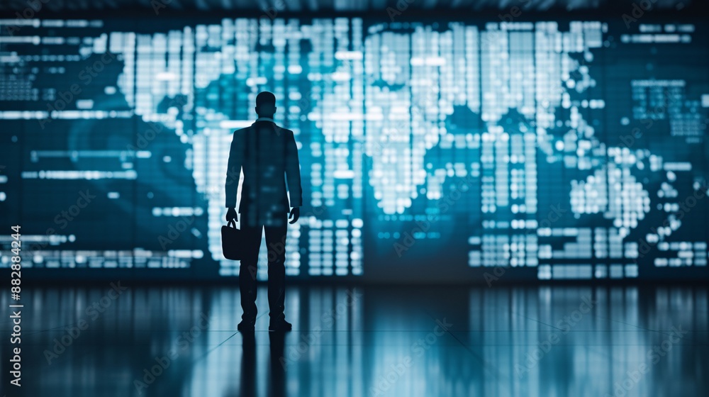 Poster the outline of a logistics professional stands before a large map of transportation routes, emphasiz