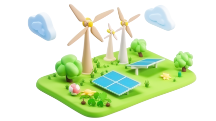 Cartoon illustration of a green energy scene. It features toy-like wind turbines and solar panels set on a grassy landscape with trees, clouds, and a flower.