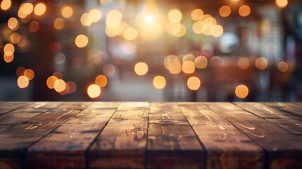 Wide long wooden table top with a blurred warm-toned background of lights and bokeh for product display
