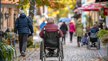 Obraz premium A man in a wheelchair is navigating down a cobblestone street among a group of individuals