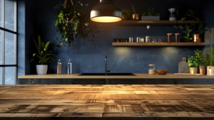 Empty wooden table top in a modern kitchen designed for product display, with a bright spotlight hanging overhead to enhance the presentation