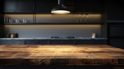 Modern empty wooden table top in a sleek kitchen for product display with a spotlight hanging above