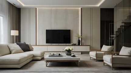 modern and minimal living room interior design, TV wall design, contemporary interior design, 3D render, cinematic lighting