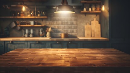 Stylish empty wooden table top in a contemporary kitchen for product display, with a single spotlight casting a warm glow from above