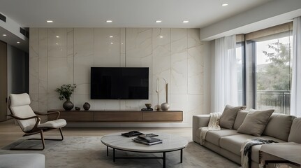 modern and minimal living room interior design, TV wall design, contemporary interior design, 3D render, cinematic lighting