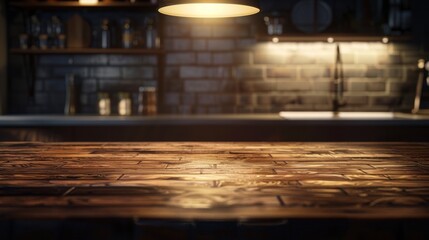 Stylish empty wooden table top in a contemporary kitchen for product display, with a single spotlight