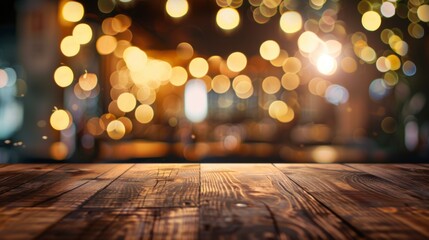 Empty wooden table top with decorative string lights hanging, ideal for showcasing products