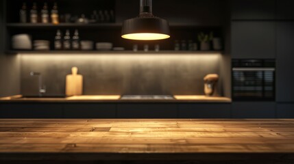 Stylish empty wooden table top in a contemporary kitchen for product display, with a single spotlight