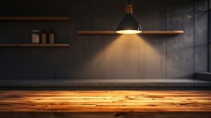 Stylish empty wooden table top in a contemporary kitchen for product display, with a single spotlight