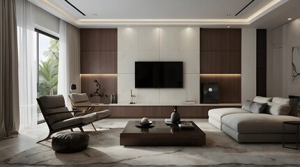 modern and minimal living room interior design, TV wall design, contemporary interior design, 3D render, cinematic lighting