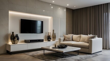 modern and minimal living room interior design, TV wall design, contemporary interior design, 3D render, cinematic lighting