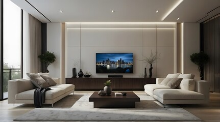 modern and minimal living room interior design, TV wall design, contemporary interior design, 3D render, cinematic lighting