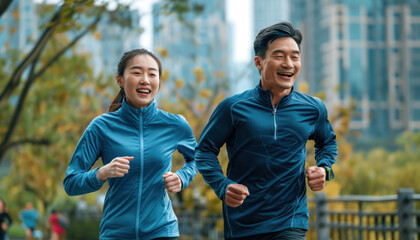 Naklejka premium A man and a woman are joyfully jogging together in a green park with grass and trees