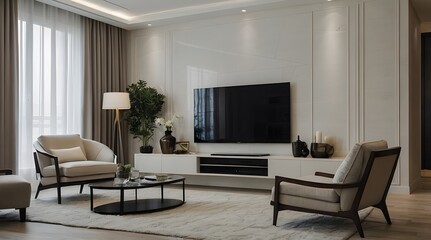 modern and minimal living room interior design, TV wall design, contemporary interior design, 3D render, cinematic lighting