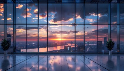 Beautiful sunset over the city seen through large floor-to-ceiling windows in an empty modern office building