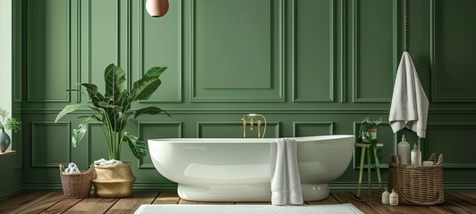 Stylish bathroom design with green painted panels on the wall. Bath, towels, rattan baskets and other personal accessories. Glamorous interior concept. 