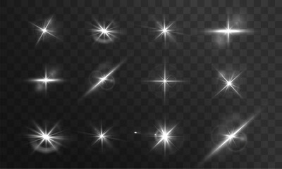 Flash, realistic highlights, glowing effects, camera light, sunlight reflection, stars, isolated highlights, sparkling highlights. Isolated on transparent background, png. Celestial, space	
