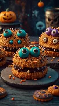 Funny delicious cookies for Halloween on the table in form of monsters on dark background with pumpkin and skeletons. AI generated