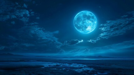 Fototapeta premium Amazing scenery of blue glowing moon in dark blue sky with clouds at night. 