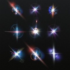 Flash, realistic highlights, glowing effects, camera light, sunlight reflection, stars, isolated highlights, sparkling highlights. Isolated on transparent background, png. Celestial, space elements	