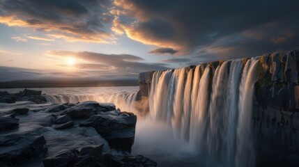 A waterfall with a beautiful sunset in the background