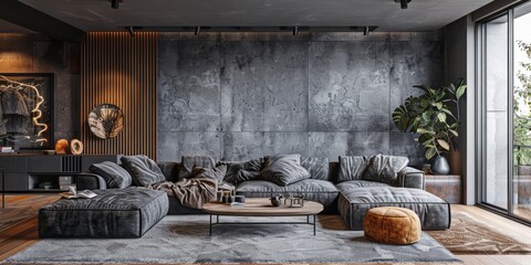 Grey-walled modern living room with a mix of textures and patterns