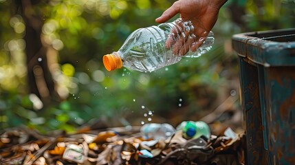 a hand throws away a plastic bottle. Selective focus