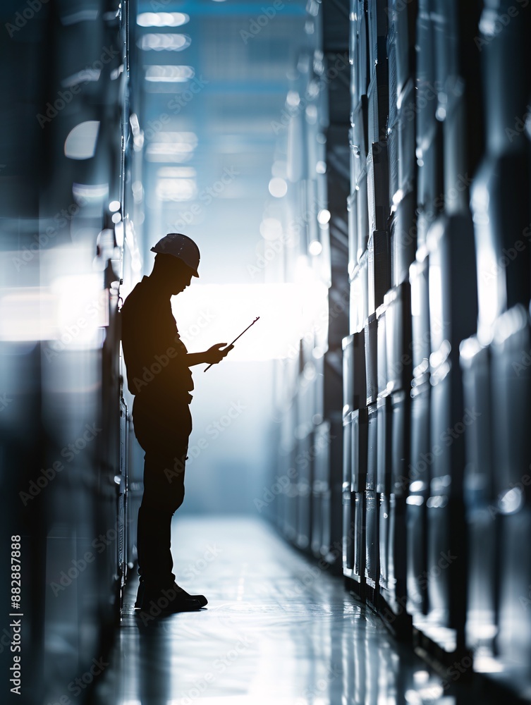 Poster Silhouette of a manager with a clipboard, checking inventory in a cargo-filled warehouse, with ample copy space.